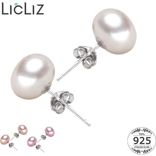 LicLiz 925 Sterling Silver Near Round Natural Freshwater Pearl Stud Earrings for Women White Pink Purple Pearls Jewelry LAE0003A