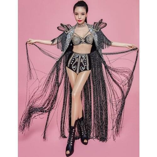 Womens Sparkly Rhinestones Bra Short Black Long Tassel Shrugged Fringe Cloak Set Nightclub Female Singer Birthday Party Outfit