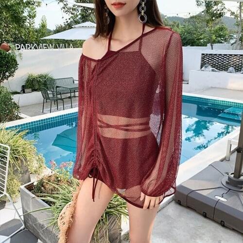 2021 New Sexy Hollow 3 Pieces Swimsuit Bikini Set Women Cover up Sexy Swimwear High Waist Bandage Bathing Suit Beach