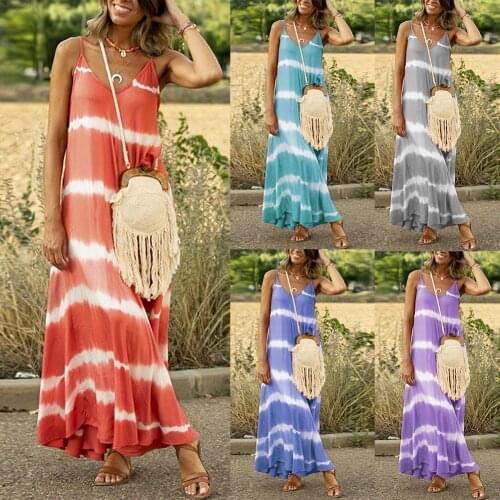 2021 Women Casual Dress Stylish V Neck Sleeveless Tie Dye Stripes Print Large Hem Long Sling Dress Midi Dresses Lady for Party