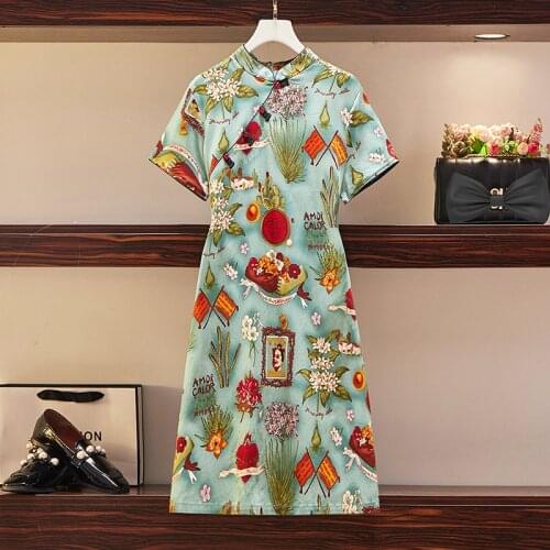 2021 New Summer Chinese Cheongsam Style Womens Short Sleeve Vintage Print Slim Dress Female Dresses Vestidos