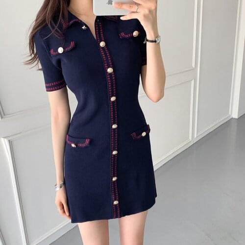 Wenfly Knitted Dress Women Mini Single Breasted Buttons Turn-down Collar Short Sleeve Vintage Vestidos Streetwear Summer Vestido