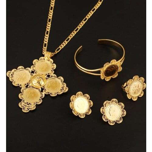 Ethiopian Traditional 5pcs Coin Wedding Jewelry Sets Gold Color Bridal Romantic Jewelry for Women