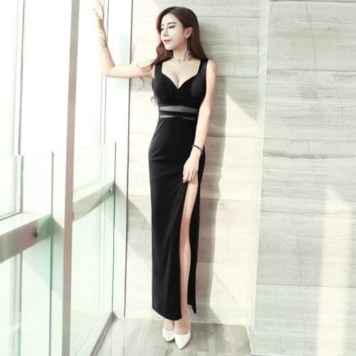 8820 Sexy Sling Dresses Women Low-Cut Outfit Gauze Patchwork Hem Slit Slim Fit Thin Ladies Party Night Club Long Dress 2021 New