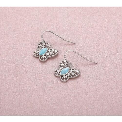 925 Sterling Silver Jewelry for Women Larimar Earring New Fashion Natural Precious Retro Charm Rhodium Plated Animal Butterfly