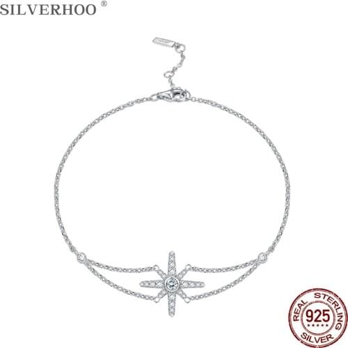 SILVERHOO 925 Sterling Silver Bracelets For Women Shining CZ Eight-Pointed Star Charm Bracelet Buckle Type Adjustable Jewelry