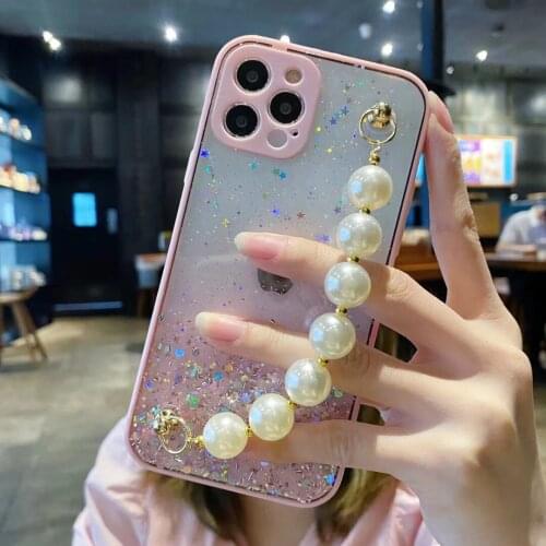 Gradient Pearls Hanging Chain Case For Xiaomi 11Lite Redmi Note10 Note9 Note8Pro 9A 9C 9 Glitter Camera Len Strap Phone Case
