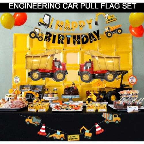 Children boy Birthday Pull Flag Aluminum Balloon Decoration Sets Engineering Car Party Theme Cake Insertion Card Banner