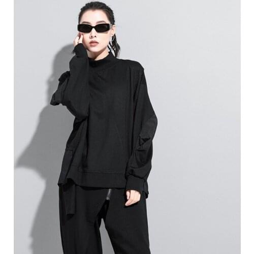 Womens spring and autumn new dark personality spliced street fashion brand half tall collar long sleeve T-shirt