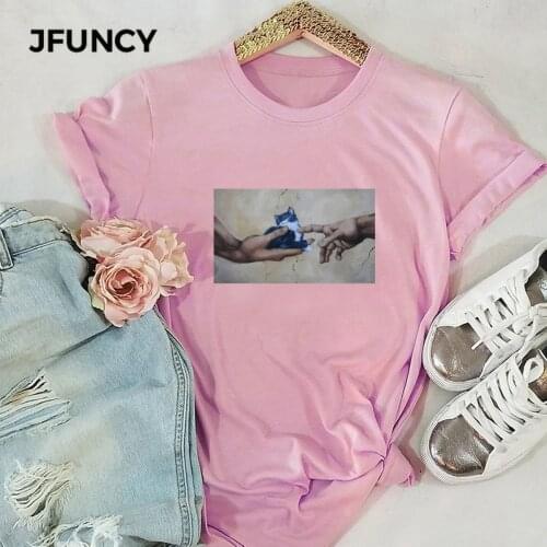 JFUNCY Funny Print 100%Cotton Summer T Shirt Women Short Sleeve T-shirt Female Tees Plus Size Casual Lady Basic Tops