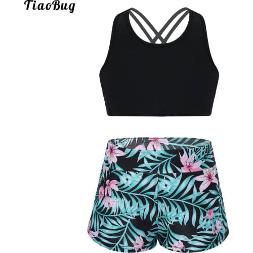 Summer 2Pcs Kids Girls Sport Yoga Suit U Neck Spaghetti Strap Criss Cross At Rear Cropped Top Shorts Set For Gym Running Fitness