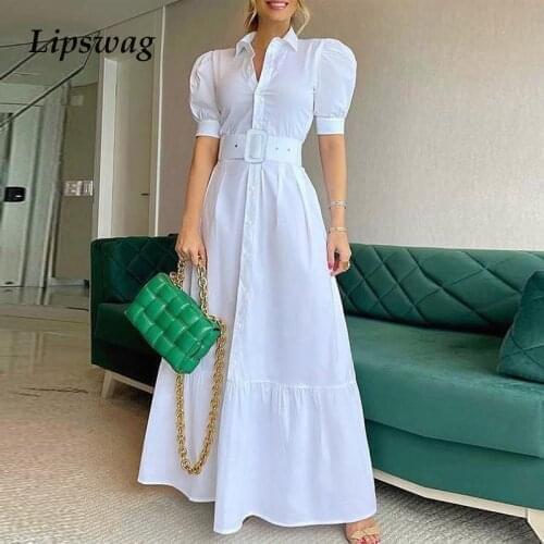Fashion Solid Shirt Dress Retro Turn-down Collar Button Maxi Dress Women Casual Elegant Puff Sleeve Long Dress Vestidos