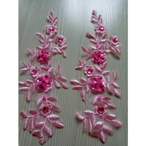 Handmade sew on crystal trim patches pink lace applique with bead sequins rhinestones 25*8cm for top dress skirt