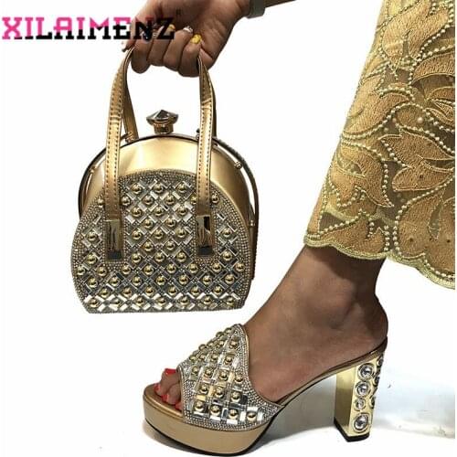 Latest Style Ladies Elegant Slippers With Matching Bag Set Nigerian Rhinestone High Heels Shoes And Bag Set For Evening Party