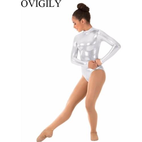 OVIGILY Girls Metallic Mock Neck Leotards For Gymnastics Kids Spandex Long Sleeve Leotard Ballet Dance Wear kid Team Competition
