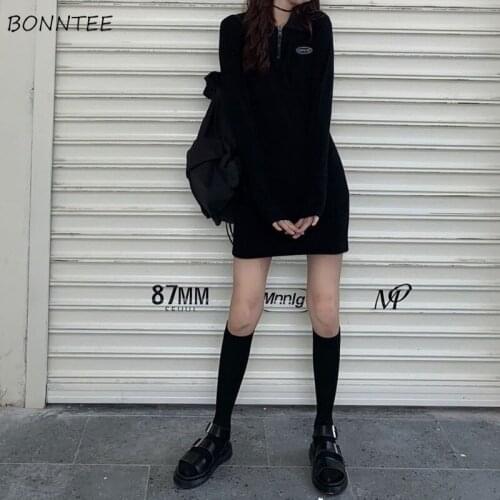 Long Sleeve Dress Women Black Solid Students Slim Straight Mini Dresses Zipper Empire Korean Style Streetwear Female Chic Sexy