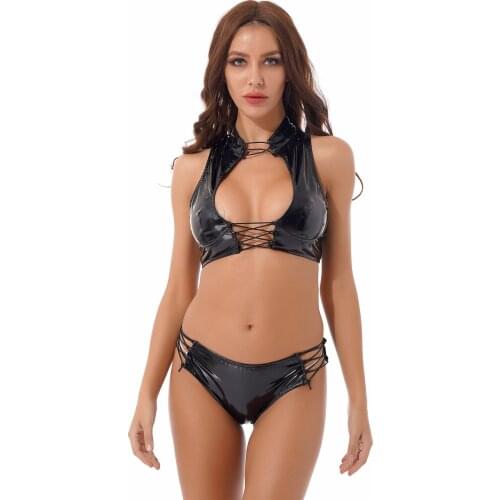 Sexy Women latex lingerie suit Wet Look Patent Leather Outfits Two-piece Set Rave Party Clubwear Hollow Out Crop Top with Briefs