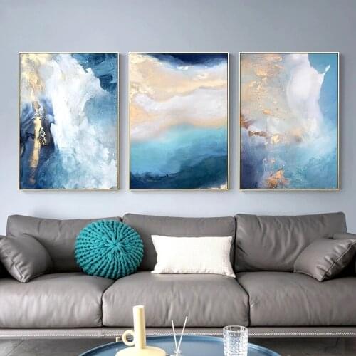 Modern Abstract Gold Foil River Blue Canvas Art Painting Living Room Bedroom Poster and Print Wall Poster Home Decoration
