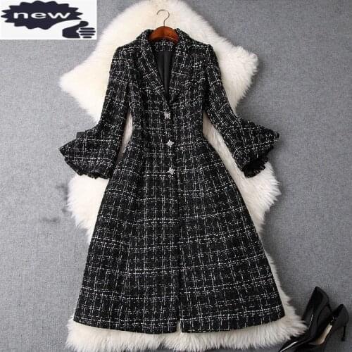 Vintage Women Crystal Buttons Lace Flare Sleeve Tweed Jacket Slim Fit High Waist Long Coat Elegant Ladies Plaid Twill Overcoat