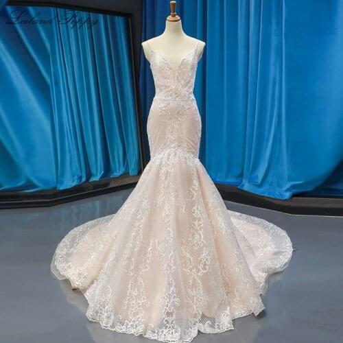 Womens V-neck Lace Mermaid Wedding Dresses 2020 Sleeveless Spaghetti Straps Vestido de novia Floor Length Bridal Gowns