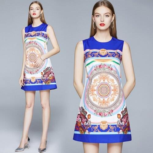 Dropshipping Summer Runway Vintage Baroque Print Sleeveless O Neck Women Ladies Party Casual Evening Short Mini Vest Shift Dress