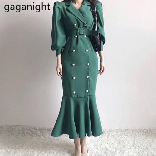 Gaganight Fashion Women Maxi Solid Maxi Dress Eleagnt Office Lady Chic Korean Bodycon Dresses Slim Double Breasted Vestidos 2020