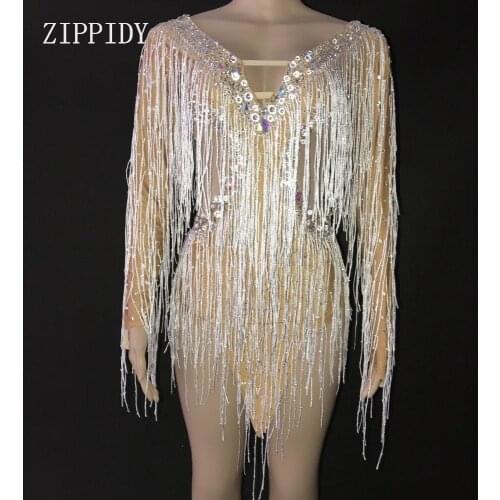 2019 Silver Rhinestones Fringes Latin Dress Evening Party Wear Nude Tassels Dance Dress Singer Birthday Celebrate Short Dress
