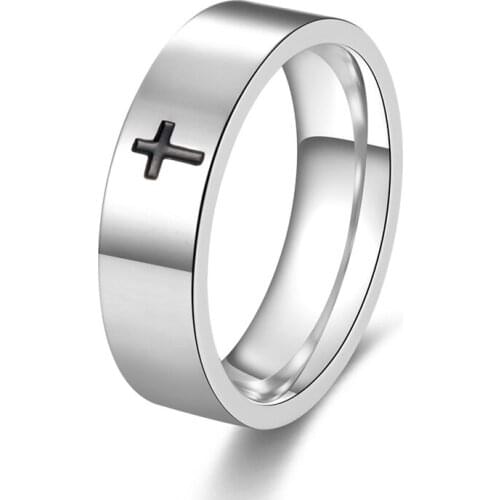 6MM Cross Ring for Men Women Stainless Steel Christian Jesus Christ Lord Prayer Silver Color Jewelry US Size 5-13