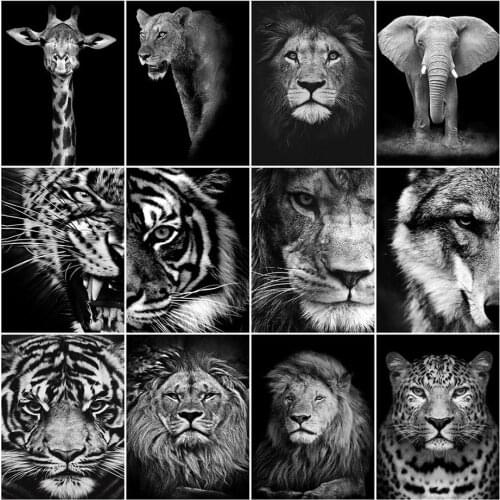 LZAIQIZG Diamond Embroidery Black And White Lion Tiger Needlework Full Square Diamond Painting Animal Cross Stitch Home Decor