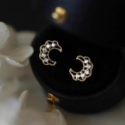 Binmonray 925 Sterling Silver Exquisite Hollow Inlaid Zircon Moon Stud Earrings Woman Small Earring Aesthetic Designer Jewelry