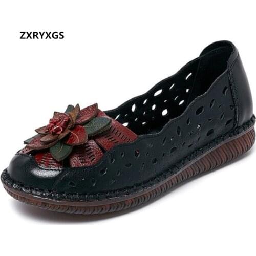 Promotion 2021 Summer Autumn Classic Flowers Hollow Genuine Leather Shoes Sandals Women Flats Soft Comfortable Fashion Shoes