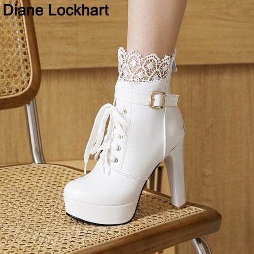 Fashion Ladies Platform Booties White Thin High Heels Ankle Boots Women Lace Up Boots Sweet Fall Winter Shoes Plus Size 41