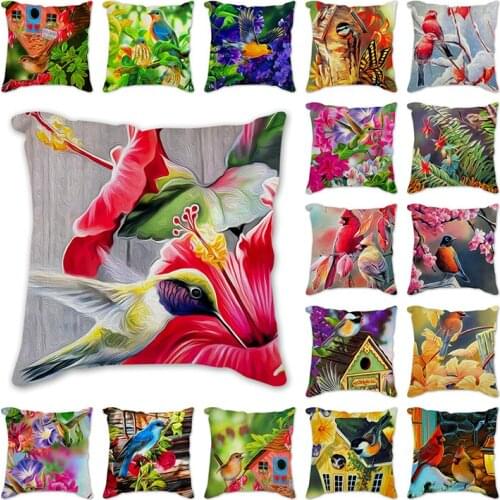Flowers and birds Cushion Cover Polyester Cotton Throw Pillow Decorative Pillows Hummingbird Cardinal Cushion Cover For Sofa Car