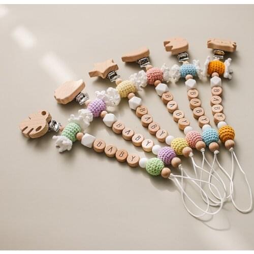 Baby Pacifier Chain Diy Chewable Silicone Rattle Silicone Bead Beech Clips Wooden Teether Holder Chain Birthday Gihts for baby