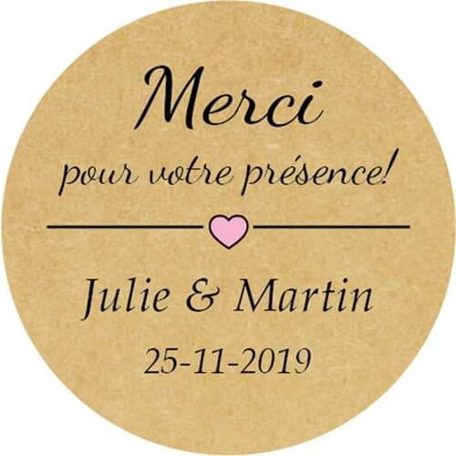 DouxArt 100pcs 40mm Custom Personalized Wedding Stickers - Merci de votre presence Graduation Party Communion Label Thanks P108