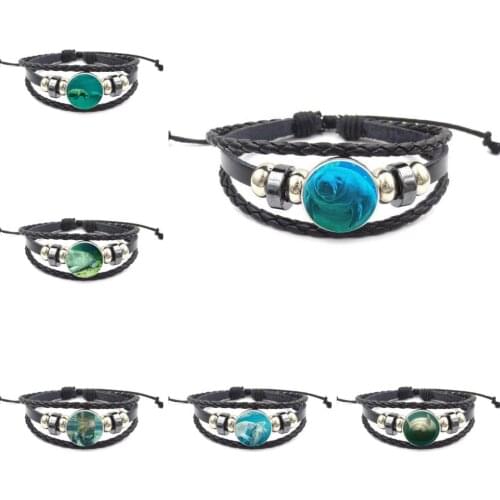 EJ Glaze Manatee For Women Gift Fashion Glass Stone Surface Black Leather Bracelet Bangle Women Statement Jewelry
