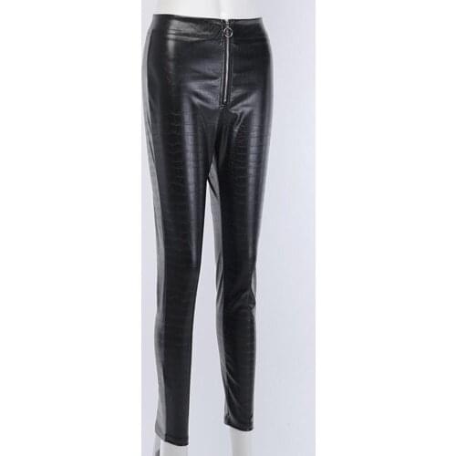 Elegant Lady Pants Print High Waist Faux Leather High Elasticity Slim Casual Trousers for Party Street wear Pants Women