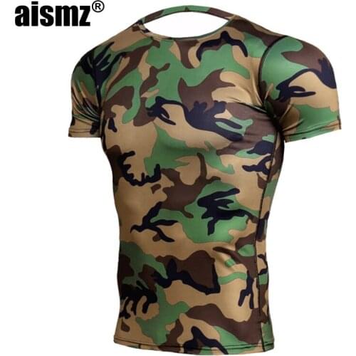 Aismz Army Green Camo T Shirts Men Fitness Compression Shirts Short Sleeve T-Shirt Bodybuilding Camiseta Rashguard Tees Tights