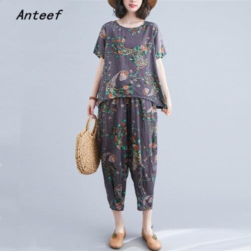 Cotton vintage floral summer casual 2 two piece set loose tee t shirt women t-shirt ladies tshirt 2021 tops Harem pants