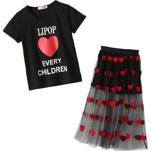 Summer Girls Clothing Sets Cotton T-shirt+ Heart Mesh Skirts 2Pcs for Girls Clothes 6 7 10 11 12 Years Outfits