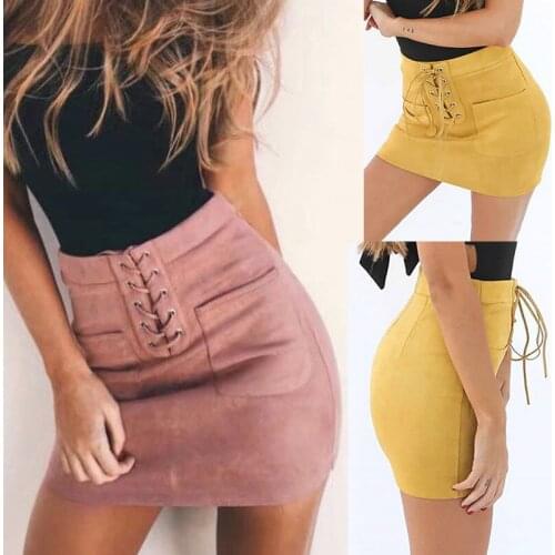 2018 Womens Sexy Bandage Faux Leather High Waist Pencil Bodycon Hip Short Mini Skirt