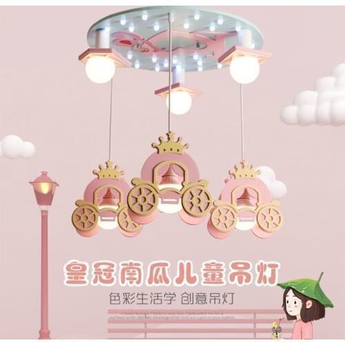 Cartoon creative crown carriage chandelier Girl Bedroom Princess room lamp romantic pink led Chandelier free shipping