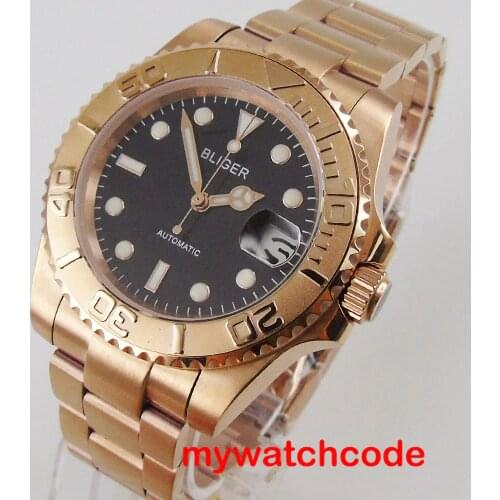40mm bliger black dial date window rose golden bezel stainless steel band NH35 automatic movement men watch Relogio Masculino