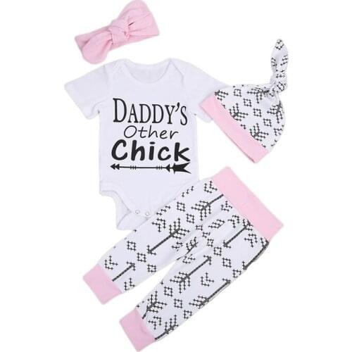New Casual Newborn Infant Baby Girls Outfits Clothes Short Sleeve Tops Romper Print Letter Pants Hat Outfits 4PCS Set