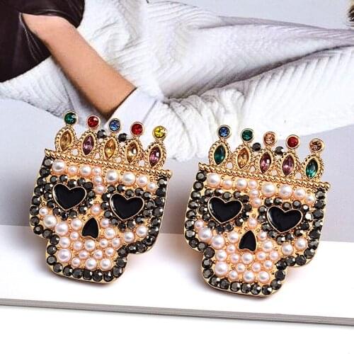 New Luxury Crystal Pearl Skull Earrings High quality Rhinestone Metal Fashion Trend Jewelry Accessories For Women