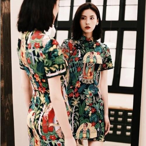 Chinese Dress Womens Slim Qipao Mini Cheongsam Female Vintage Retro Print Button Mujer Vestido Elegant Sexy Cute Dresses CC083