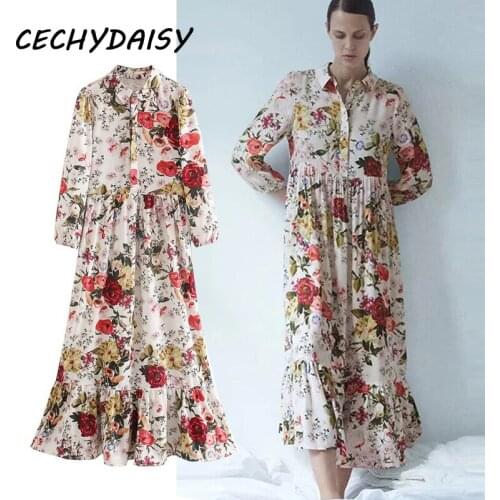 Casual Floral Print Dress Women 2021 Summer Clothes Y2k Button Up Three Quarter Sleeve Turn-Down Collar E Girl Boho Midi Dresses