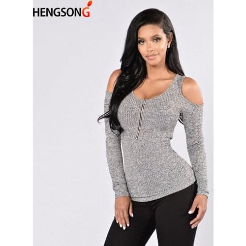 Sexy Off Shoulder Women Striped T Shirt O Neck Top Women Long Sleeve TShirt Ladies Zipper Slim Female Casual Top