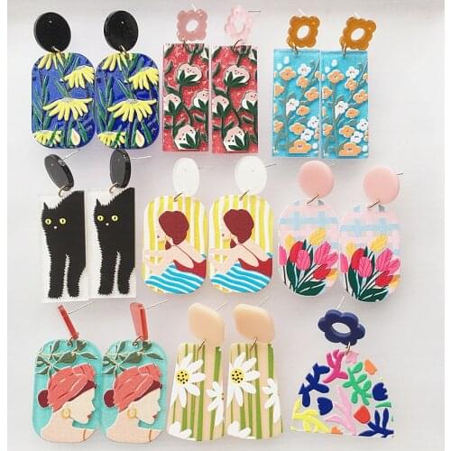 UJBOX 21 Styles Big Promotion Acrylic Printed Earrings Drops for Women Girls Flower Girl Portrait Dangle Earrings Wholesale Bulk