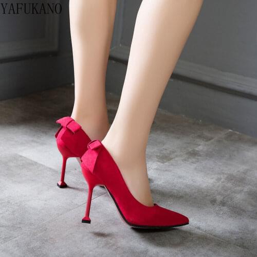 Ladies Pumps Bow High Heels Elegant Womens Shoes Stiletto Sexy Pointed Single Shoes Black Career Office Shoes Red Wedding Shoes